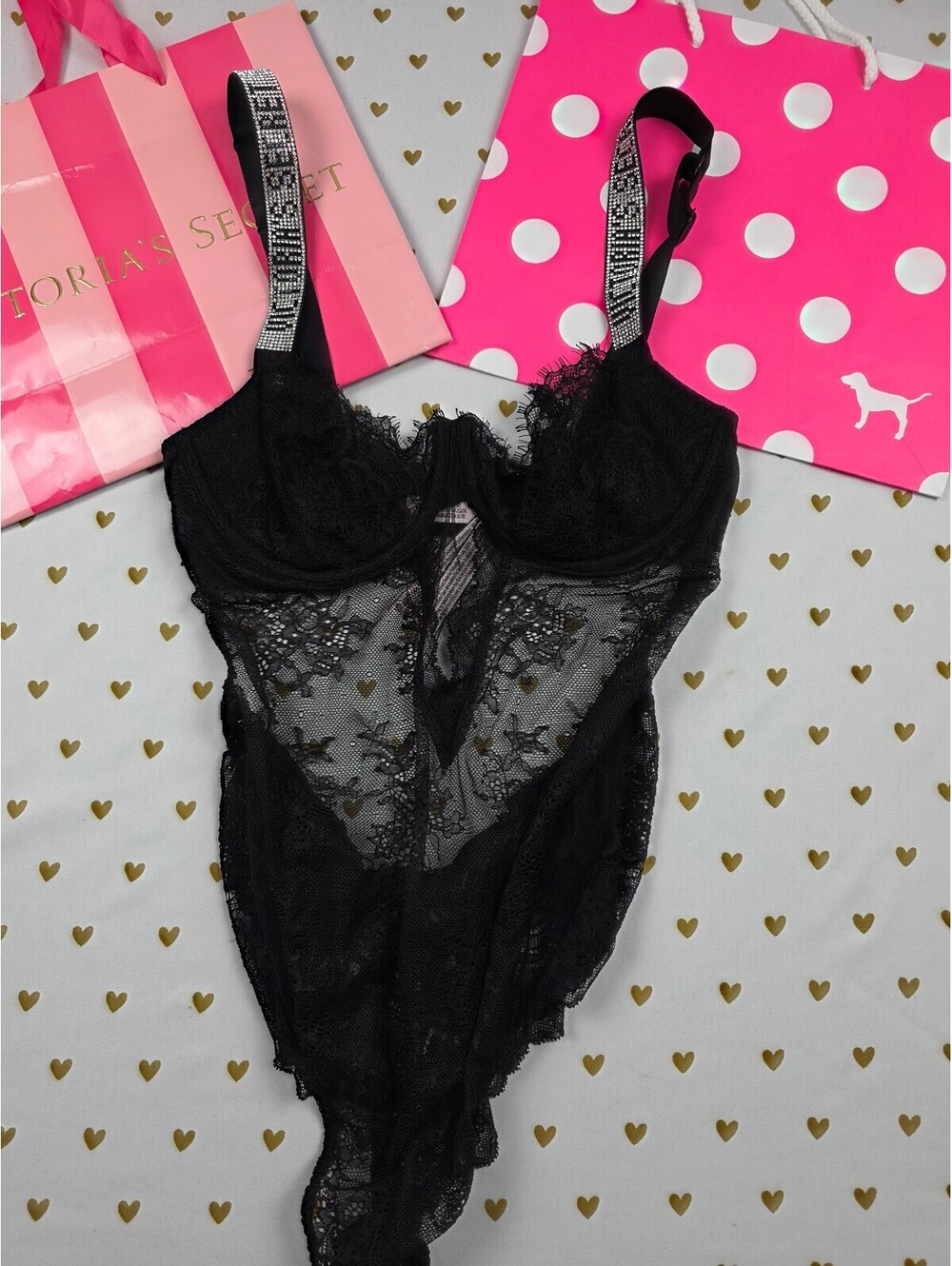 Victoria's Secret Black Lace Teddy M Rhinestone Logo Shine Strap Bodysuit